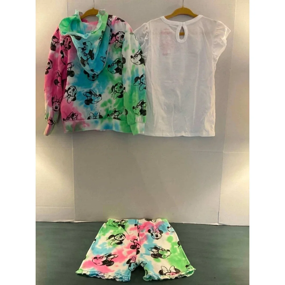 Disney Minnie Mouse 3pc Outfit Set Girls 4T Pink Green Tie Dye Excellent Hoodie